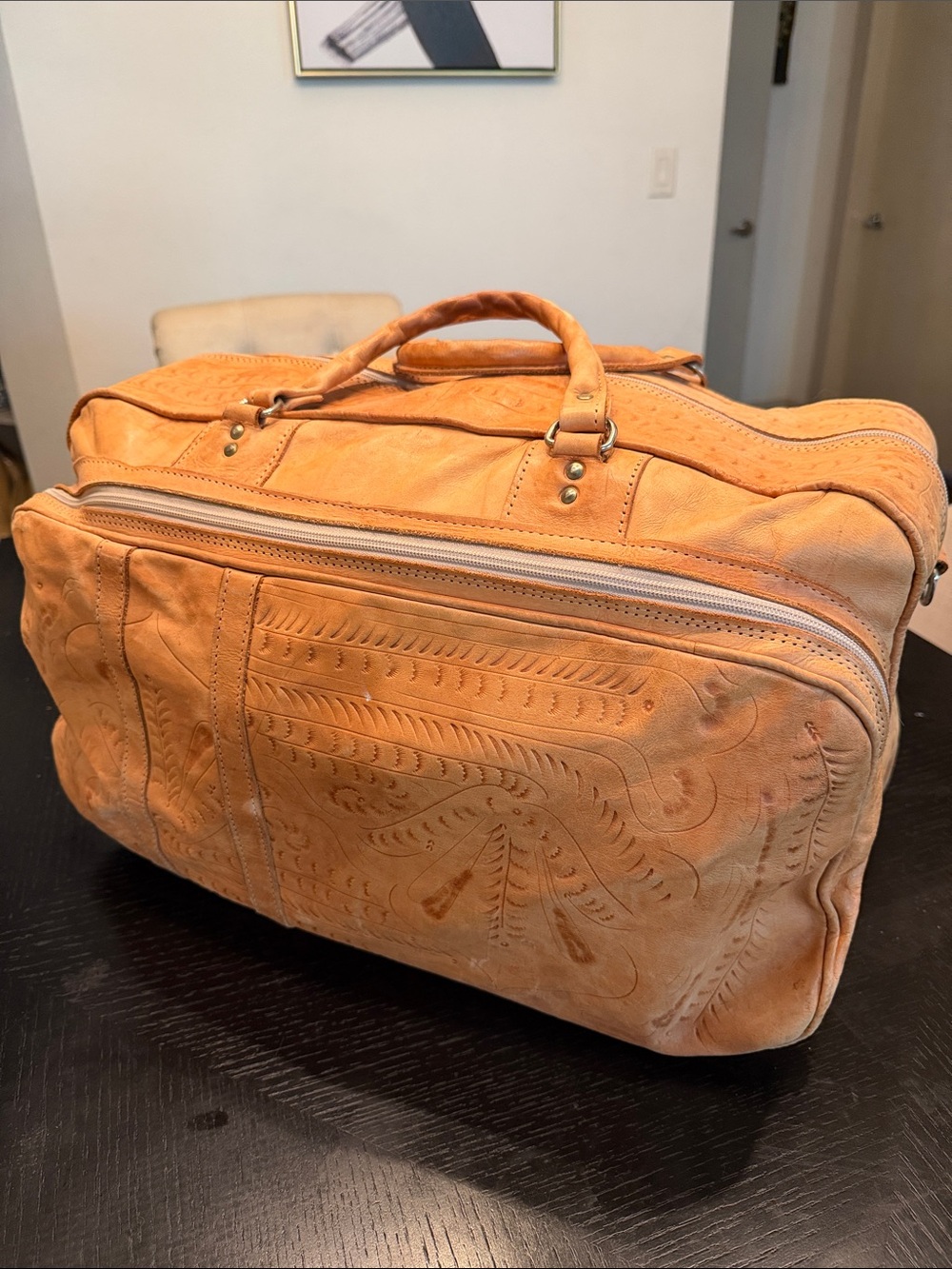 Handmade Tan Leather Travel/Weekender Bag from Oaxaca Mexico - Picture 4 of 9